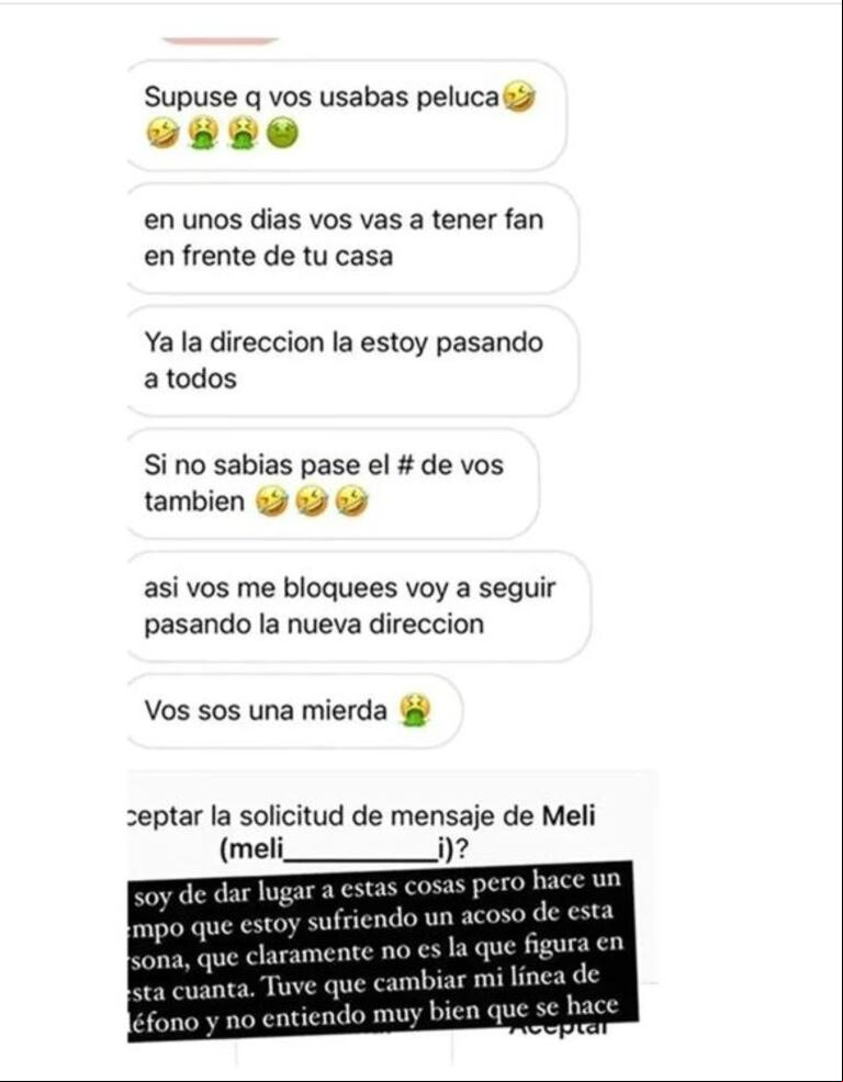 A través de sus historias de Instagram mostró el chat de la persona que la amenaza con difundir su número de teléfono y dirección. (Foto: Captura)