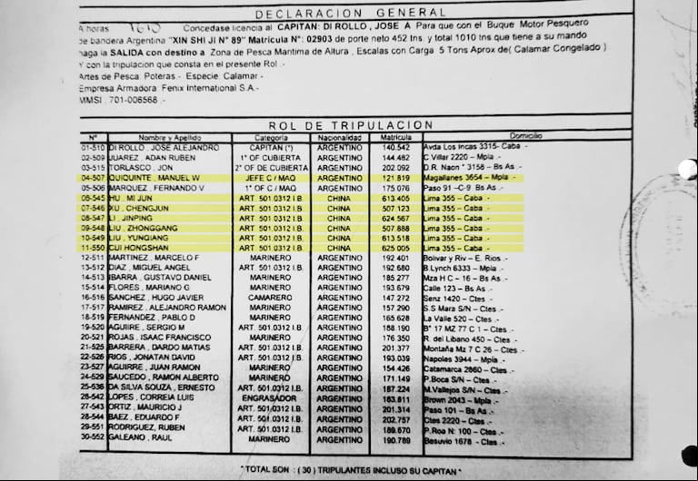 Acta de despacho del barco en el que trabajaba Manuel Quiquinte, con tripulantes chinoos y sin inspector a bordo.