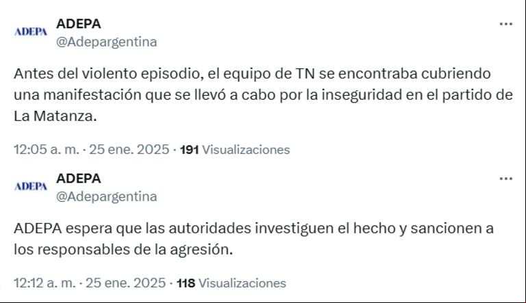 "ADEPA espera que las autoridades investiguen el hecho y sancionen a los responsables de la agresión", sentenciaron en el comunicado. (Captura: X/@Adepargentina)