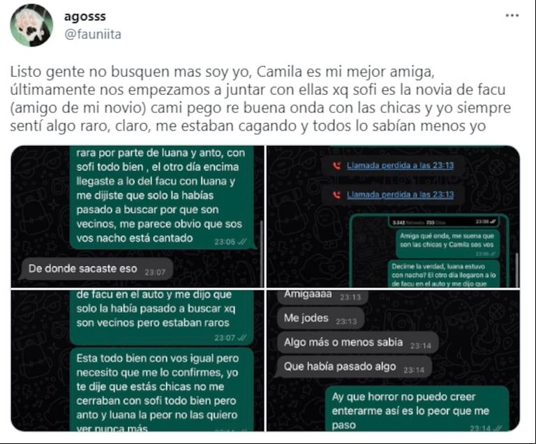 Agostina, horas después del primer tuit, avisó que era ella la persona de la que hablaban. (Foto: Twitter @fauniita)