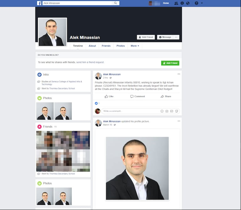 Alek Minassian abrió una cuenta de Facebook para difundir sus ideas como incel, inspirado en Elliot Rodger. (Foto: Captura Facebook / Alek Minassian)