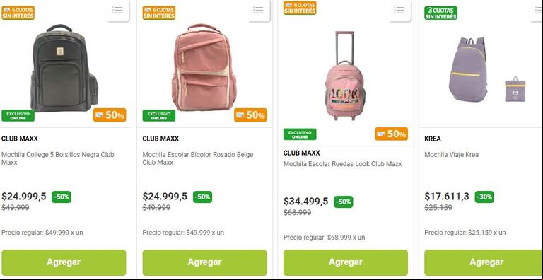 Algunas de las ofertas de mochilas en Jumbo.(Foto: Jumbo).