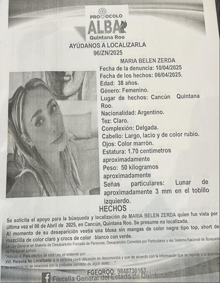 Algunos datos de María Belén Zerda, la argentina desaparecida en Cancún. (Foto: Facebook / Contraste Noticias).