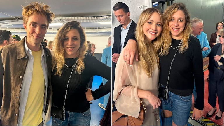 Ariana Harwicz junto a Robert Pattinson y Jennifer Lawrence en la fiesta de Cannes, tras la presentación de la película "Die, My love". (Foto: gentileza Ariana Harwicz)