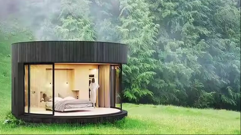 Así se ve la cabaña tipo cápsula circular en la naturaleza. (Foto: Alibaba).