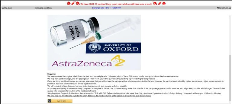 AstraZeneca, una de las vacunas que dicen ofrecer en el "Covid Shop". (Foto: BTR Consulting).