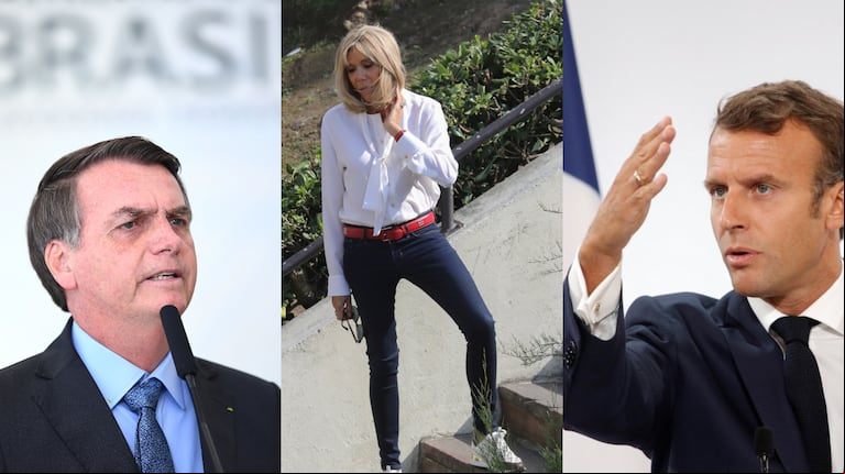 Bolsonaro, Brigitte Macron y Emmanuel Macron. (Fotos: AFP).