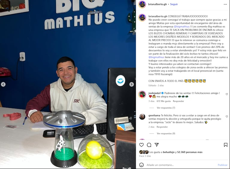 Brian de Gran Hermano 2025 consiguió un trabajo fijo y está feliz. (Foto: instagram/brianalberto.gh)