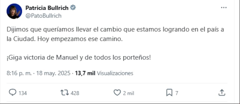 Bullrich celebró el triunfo de Manuel Adorni. (Foto: Captura X / @patobullrich)