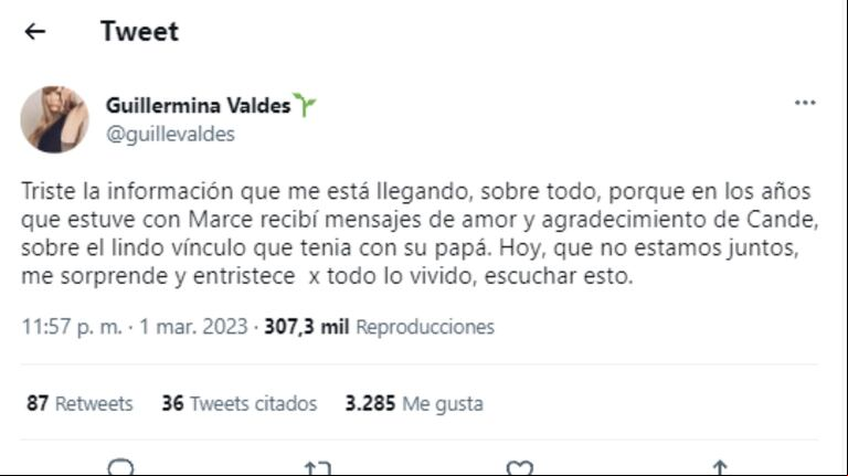 Candelaria Tinelli habló sin filtros de la relación entre su papá y Guillermina Valdes y ella salió a defenderse. (Foto: Captura Twitter / guillevaldes).