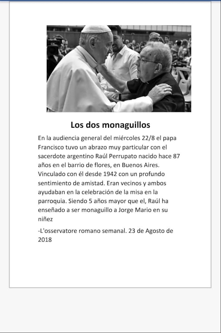 Captura de la publicación del "L´ossservatore romano" del 23 de agosto de 2018. Redes sociales Raúl Perrupato.