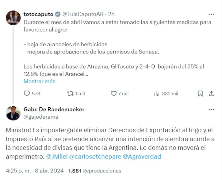 Caputo anunció baja de aranceles para herbicidas y desde el campo destacaron que les devuelve competitividad
