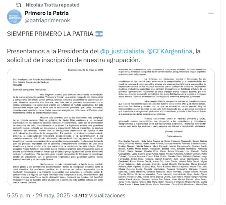 Carta de Primero a Patria, dirigida a Cristina Kirchner (Foto: Captura de X/@patriaprimerook).
