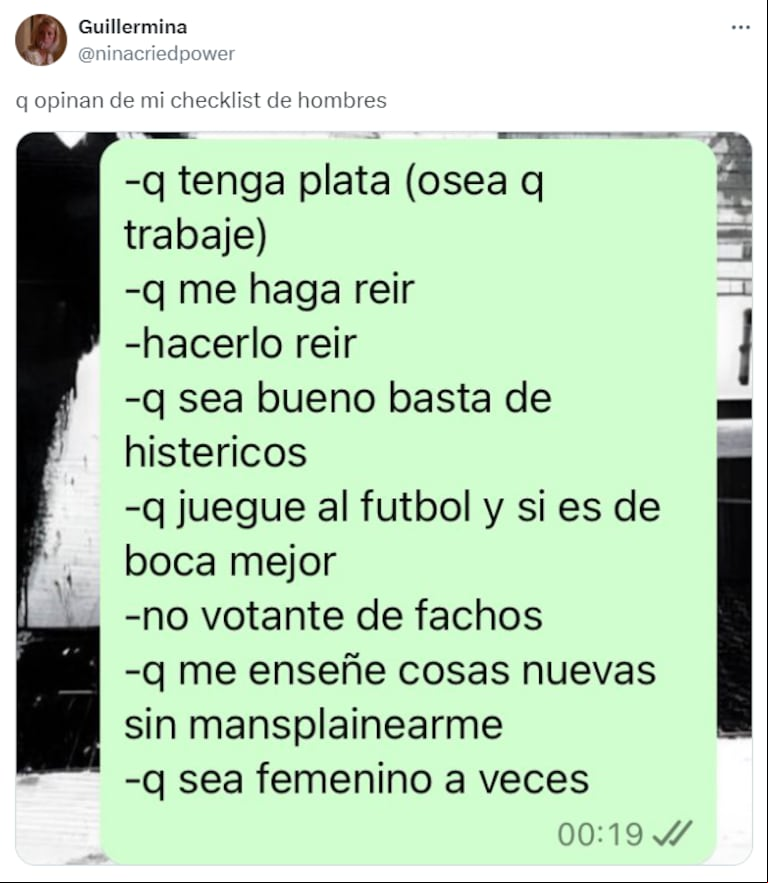 Compartió su lista de requisitos en X. (Foto: X/ninacriedpower)