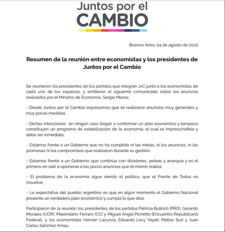 Comunicado de Juntos por el Cambio tras los anuncios económicos del ministro de Economía, Sergio Massa.