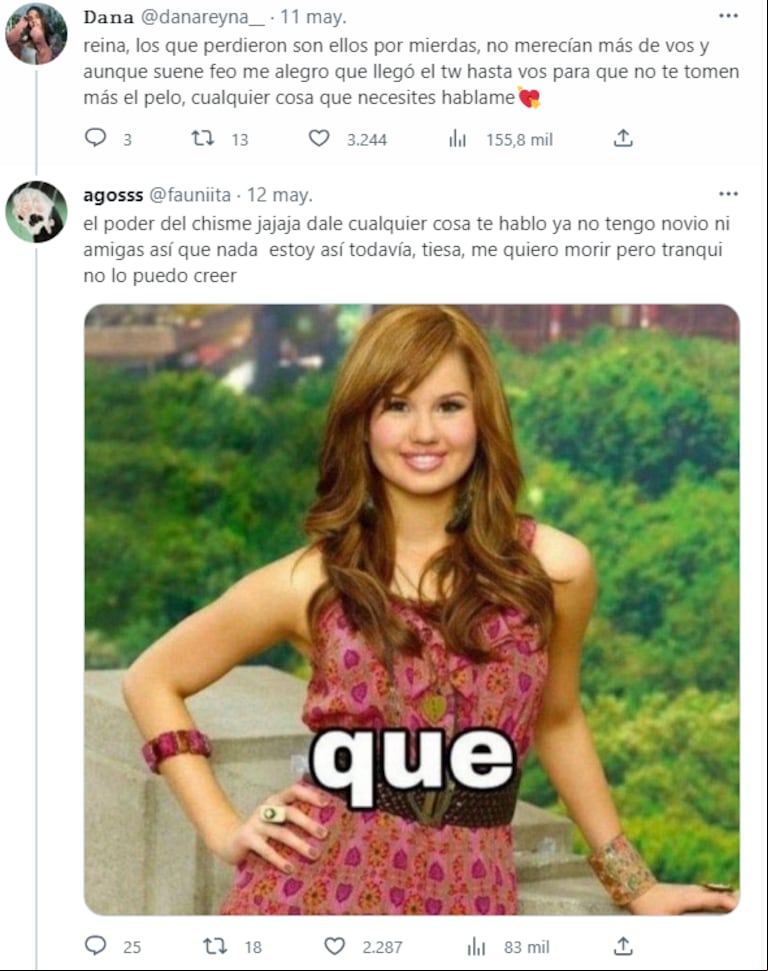 Dana le ofreció apoyo moral a Agostina después de haber contado su tristeza en el hilo. (Foto: Twitter @danaeryna_ @fauniita)