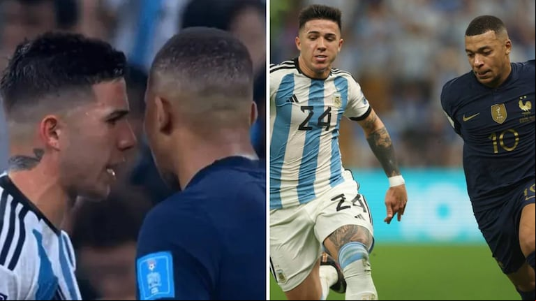 DURO CRUCE. Enzo Fernández y Kylian Mbappé tuvieron una discusión durante la final del Mundial (Foto: Captura y AFP).