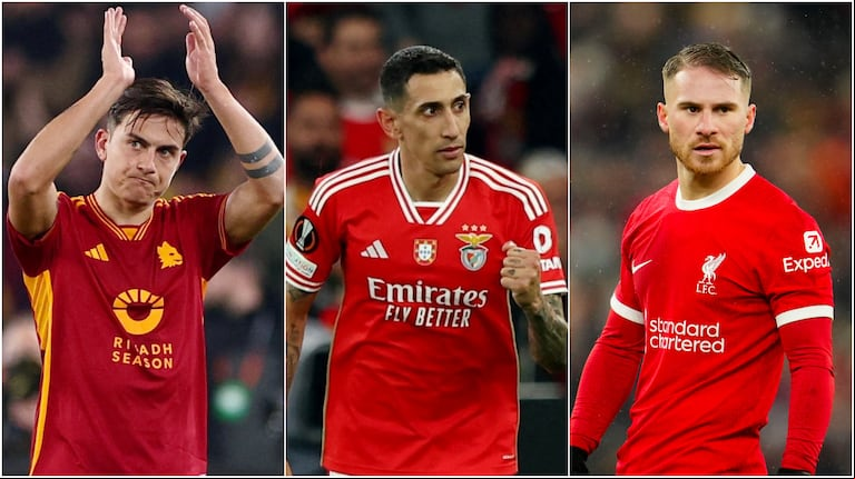 Dybala, Di María y Mac Allister son algunos de los representantes argentinos que tendrá la Europa League 2023/24 en cuartos de final. (Fotos: Reuter / AP)