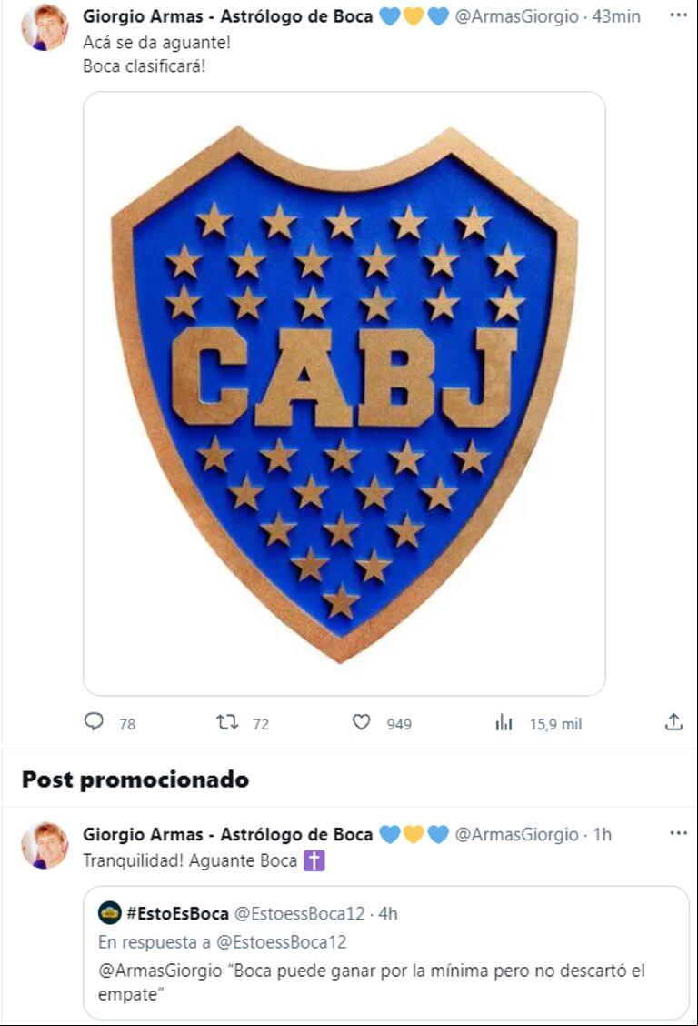 El astrólogo de Boca arriesgó qué pasará ante Racing. (Foto: captura del Twitter @ArmasGiorgio)
