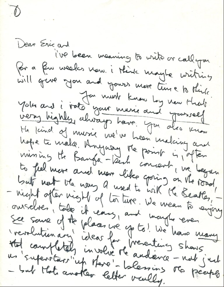 El borrador de la carta que John Lennon le mandó a Eric Clapton (Foto: Autograph Auctions Europe SL).