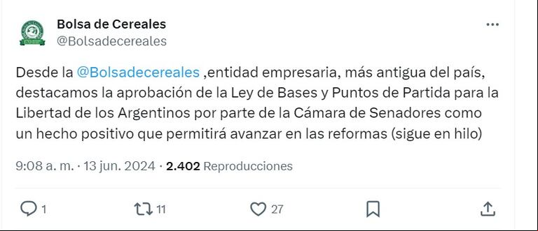 El campo celebra la aprobación de la Ley de Bases y pide avanzar con medidas de alivio fiscal