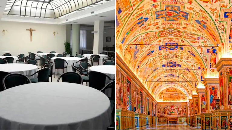 El comedor de la Casa Santa Marta, a la izquierda, y uno de los pasillos del Palacio Apostólico, a la derecha. (Fotos: Vatican News y Vatican Tickets)