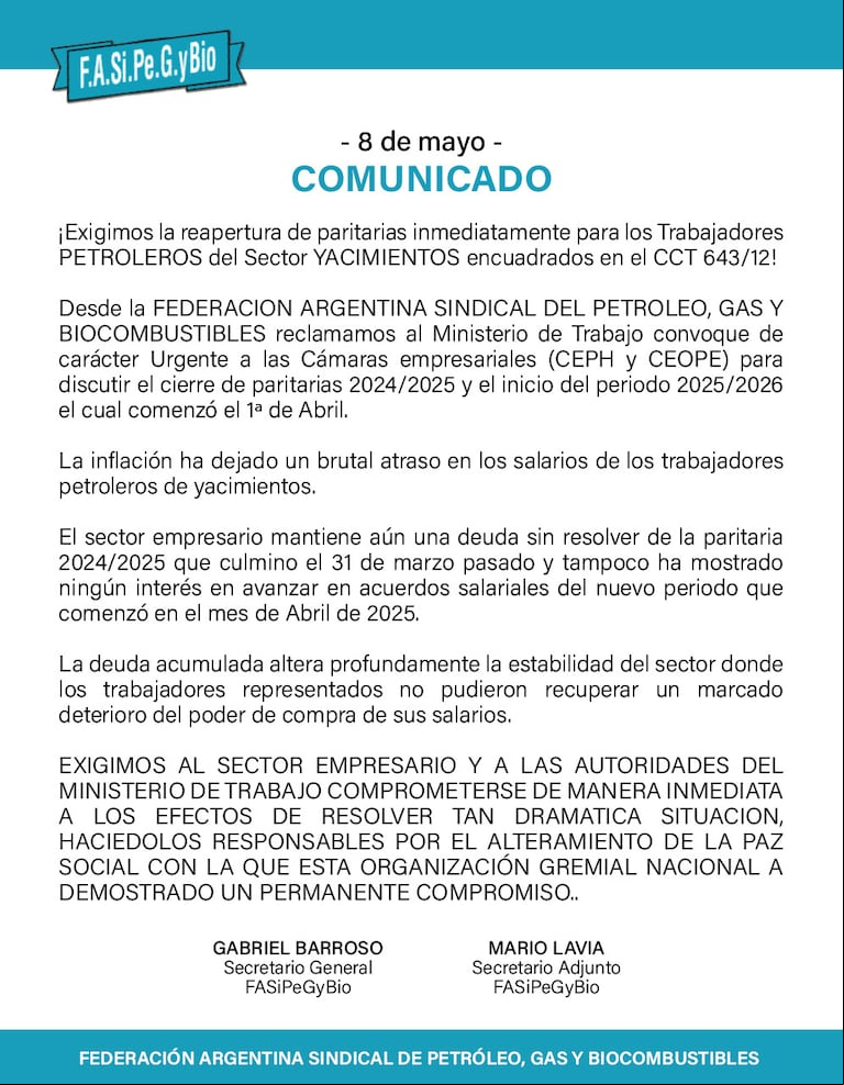 El comunicado de la Federación Argentina Sindical de Petróleo, Gas y Biocombustibles. (Foto: FASIPEGYBIO)