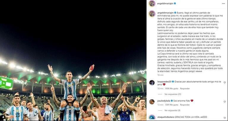 El comunicado del Fideo en sus redes sociales. (Foto: @angeldimariajm
/Instagram)