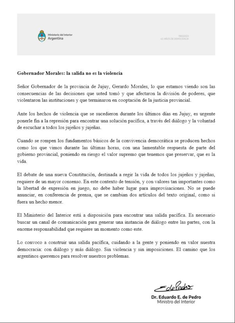 El comunicado del Ministerio del Interior. (Foto: TN)