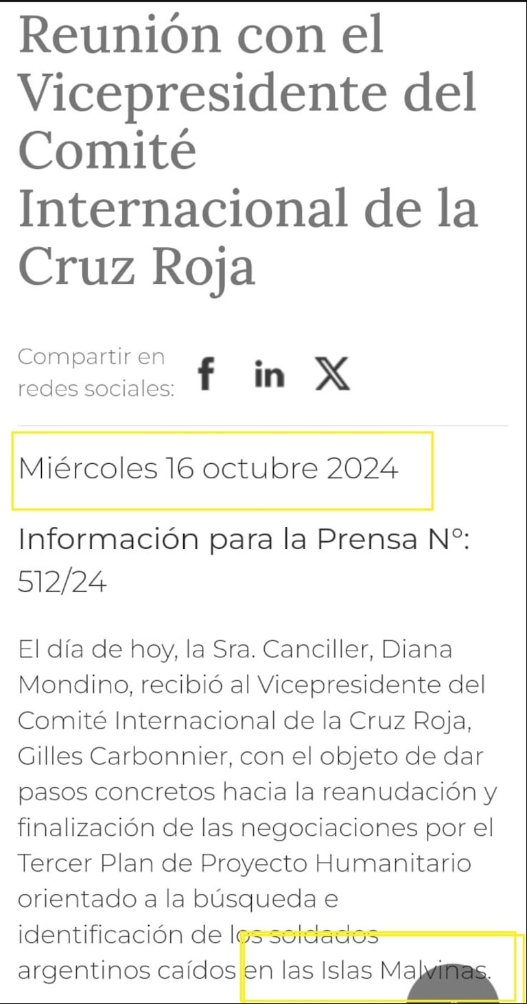 El comunicado que Cancillería aseguró que envió el 16 de octubre de manera correcta. Está en la web oficial (Foto: Captura).
