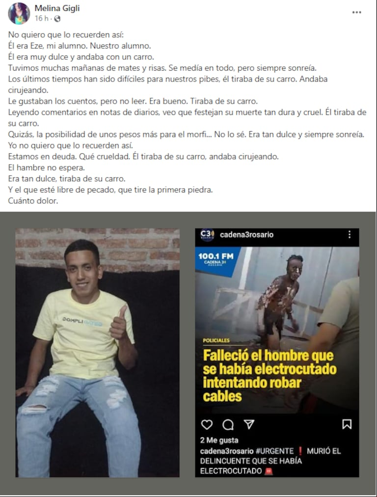 El desgarrador posteo de la profesora del joven que murió quemado en Rosario. (Foto: Facebook)
