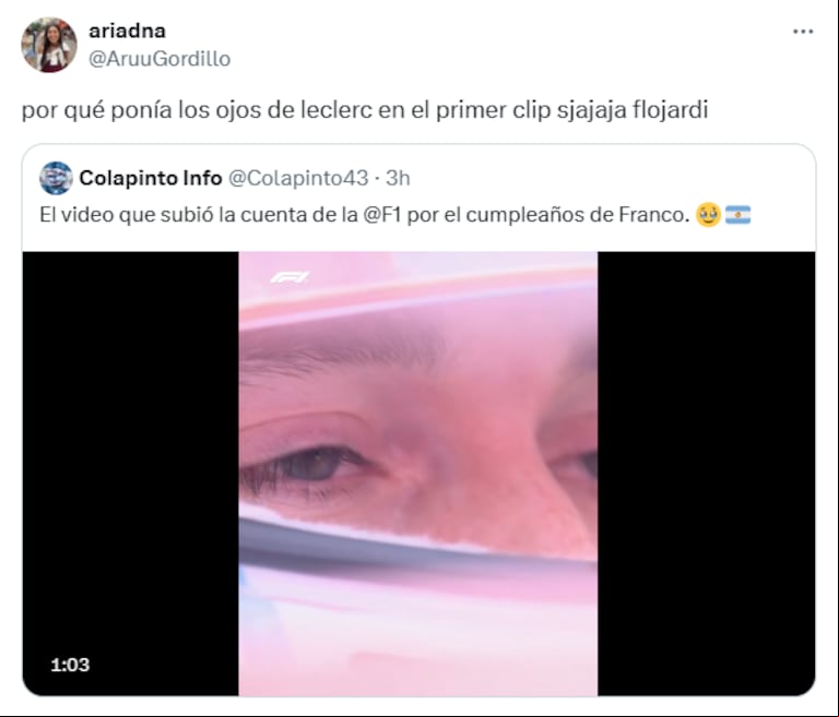 El error de la F1 en el video de Colapinto. (Foto: Captura X)