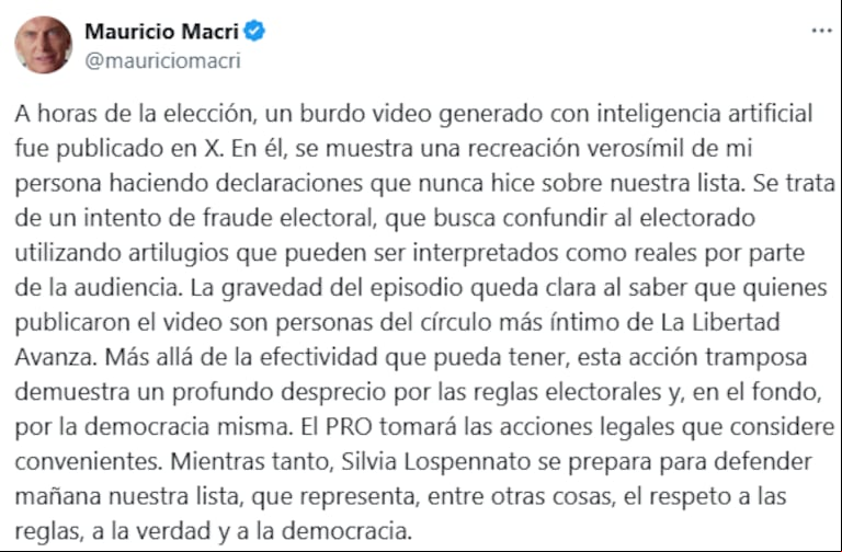 El expresidente Mauricio Macri denunció que La Libertad Avanza difundió fake news en su nombre. (Foto: captura X @mauriciomacri)