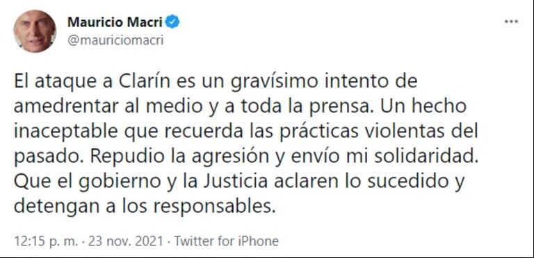 El expresidente Mauricio Macri repudió el ataque a la sede de Clarín (Foto: captura Twitter @mauriciomacri).