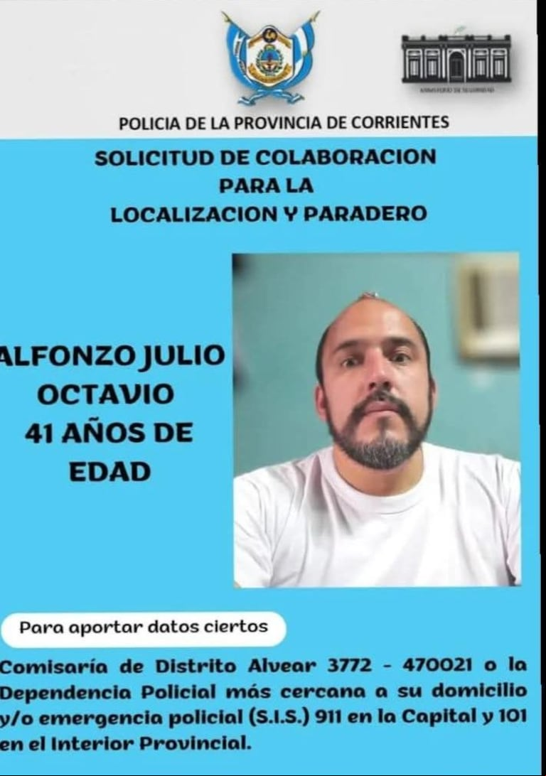 El flyer que compartió la Policía de Corrientes para dar con el paradero de Julio Octavio Alfonzo. (Foto: gentileza Mariela Alfonzo).