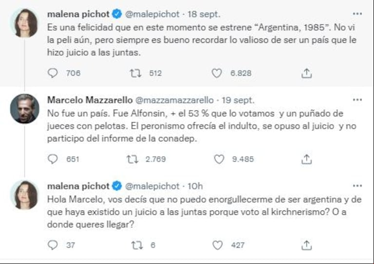 El fuerte cruce tuitero entre Malena Pichot y Marcelo Mazzarello. (Foto: Twitter/@malepichot)