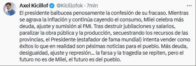 El gobernador bonaerense cuestionó a Milei tras un nuevo acuerdo con el FMI. (Foto: captura X @Kicillofok)