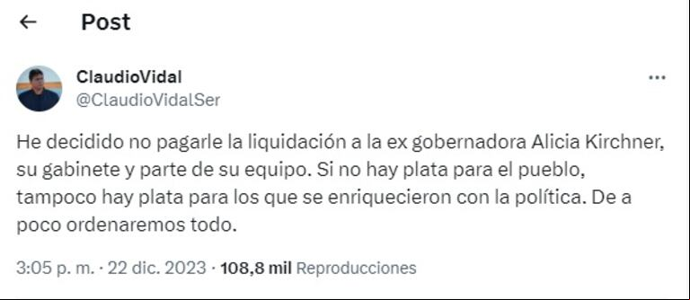El gobernador de Santa Cruz, Claudio Vidal, decidió no pagarle la liquidación a su antecesora, Alicia Kirchner. (Foto: captura X @ClaudioVidalSer)