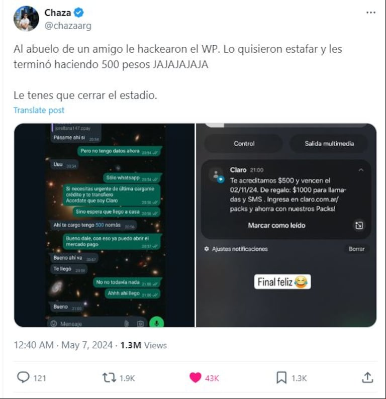 El joven publicó las capturas en X. (Foto: Twitter/@chazaarg).