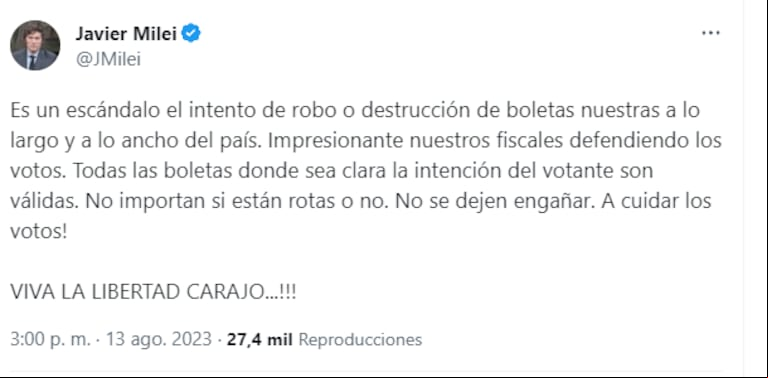 El libertario también se quejó por las demoras en la votación de CABA. (Foto: Twitter/Jmilei)