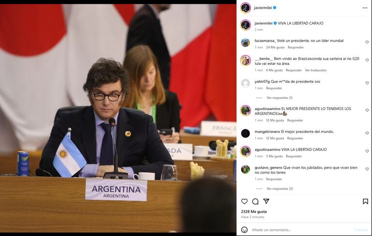 El mandatario argentino en el G20. (Foto: Instagram @javiermilei)