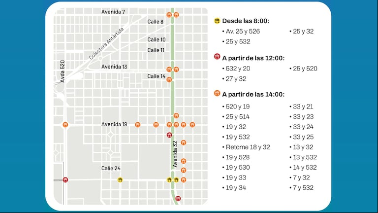 El mapa de cortes en La Plata por el recital de Los Piojos (Imagen: Municipalidad de La Plata).