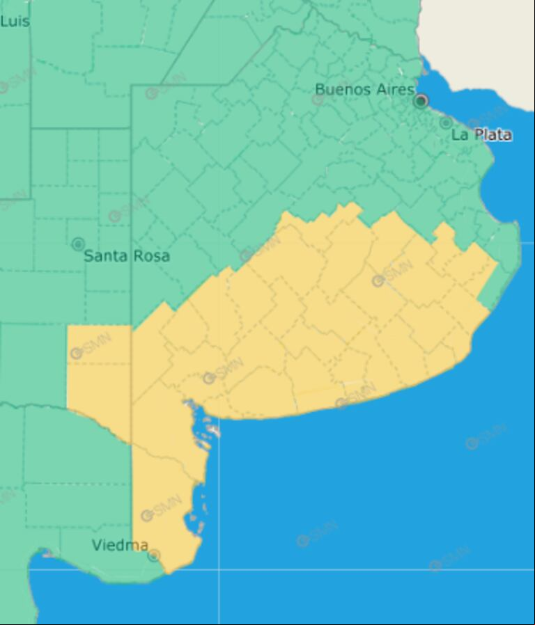 El mapa de la alerta amarilla por tormentas (Captura SMN).