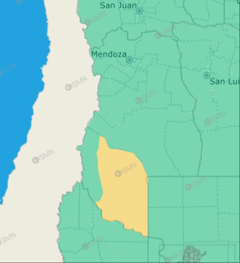 El mapa de la alerta amarilla por viento Zonda (Captura: SMN).