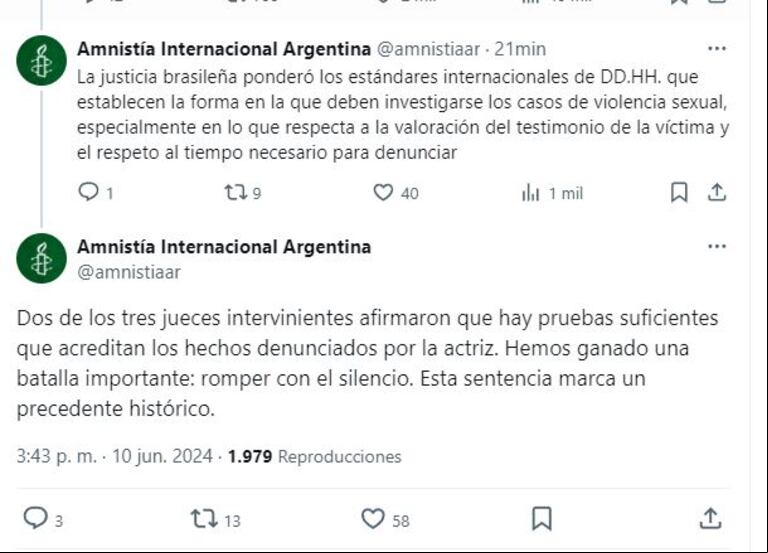 El mensaje de Amnistía Internacional después de que la Justicia fallara en contra de Juan Darthés (Foto: Captura X /amnistiaar)