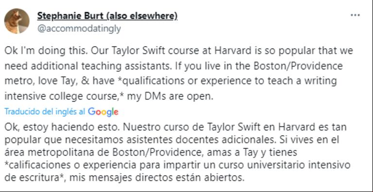 El mensaje de la docente que dictará el curso en Harvard sobre Taylor Swift (Foto: X).