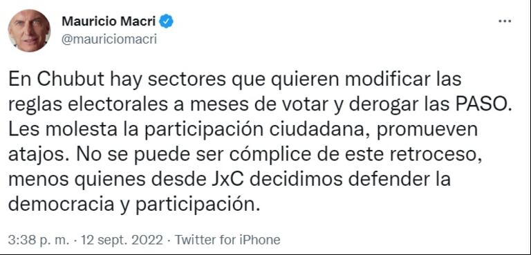 El mensaje de Mauricio Macri en twitter contra la derogación de las PASO en Chubut (Foto: @mauriciomacri).