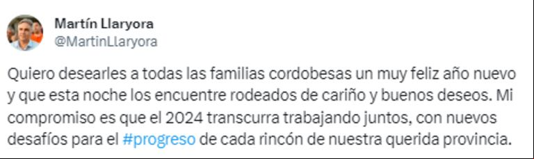 El mensaje del gobernador de Córdoba, Martín Llaryora, para recibir el 2024 (Foto: Captura X/@martinllaryora)