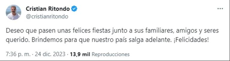 El mensaje del jefe de bloque del PRO en Diputados, Cristian Ritondo, para el 2024 (Foto: captura X @cristianritondo).