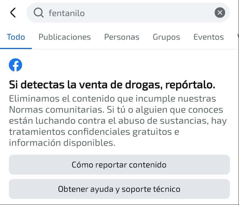 El mensaje que aparece cuando buscas "fentanilo". (Foto: Facebook)